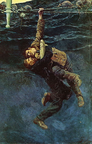 File:Howard Pyle - He lost his hold and fell, taking me with him.jpg