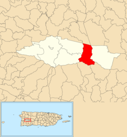 Местоположението на Indiera Baja в община Maricao е показано в червено