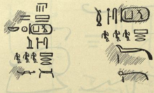 Red-ink inscription with the name of the crews of workmen, 1905 drawing by A. Barsanti. Ink Baka Crew.png