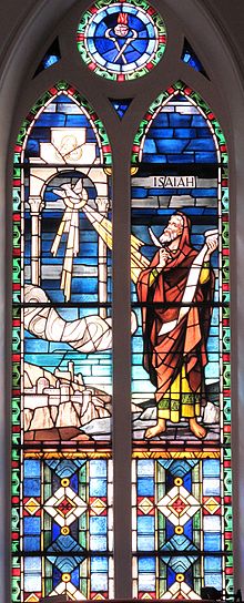 Isaiah receives his vision of the LORD's house. A stained glass window at St. Matthew's German Evangelical Lutheran Church in Charleston, South Carolina. Isaiahwindow.jpg