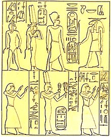 Asszuáni sziklasztélé. Fent: II. Ramszesz és Iszetnofret Hnum isten előtt. Lent: Merenptah, Bintanath és Ramszesz herceg.