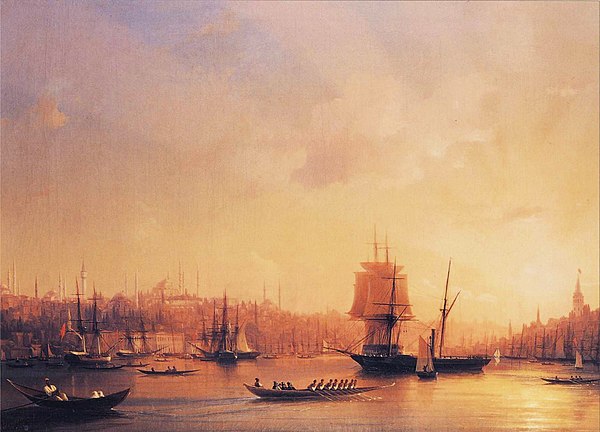 Ivan Constantinovich Aivazovsky's "Dusk on the Golden Horn", depicting the estuary's trademark golden lights. The entrance to the Horn is in the foreg