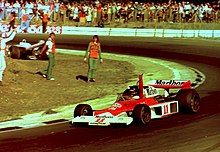 James Hunt won the British Grand Prix, but was later disqualified after the race. James Hunt British GP 1976.jpg