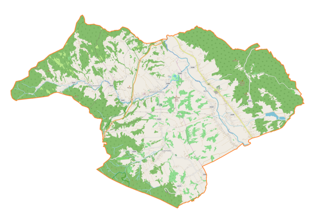 Mapa konturowa gminy Jasienica Rosielna, blisko centrum na prawo znajduje się punkt z opisem „Blizne, kościół drewniany”