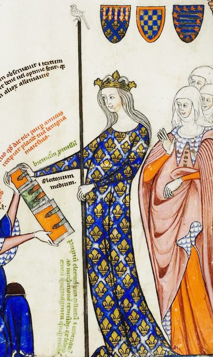 Joan as queen of France from a 14th-century manuscript