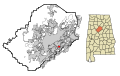 This map shows the incorporated and unincorporated areas in Jefferson County, Alabama, highlighting Cahaba_Heights in red. It was created with a custom script with US Census Bureau data and modified with Inkscape.