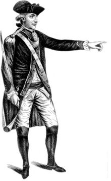 A black and white full length portrait of André. He wears a uniform, dark jacket over white pants and shirt, with dark boots, and a three-cornered hat. His right hand holds a sword upright by his side, and his left arm is extending, pointing forward.