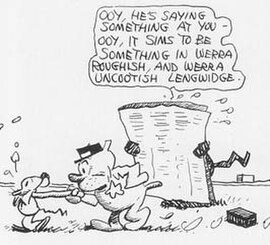 Ignatz being marched off by Officer Pupp for trying to throw a brick at Krazy Kat. Behind the newspaper, Krazy is reading and describing aloud the ver