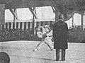 Judoka japonés, Tamio Kurihara (izquierda), Tatsukuma Ushijima (centro) y Yoshitsugu Yamashita (derecha), en la final de Shōwa Tenran Jiai en 1929.