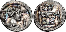Denarius of Lucius Furius Brocchus, 63 BC. The obverse features the head of Ceres, with a corn-ear on the left and a barley-grain on the right. On the reverse is a curule chair surrounded by fasces. L. Furius Brocchus, denarius, 63 BC, RRC 414-1.jpg