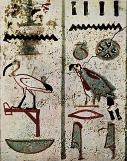 Painted wall relief: note that the Ibis, Mut (hieroglyph), Mouth, Iat standart (hieroglyph), and Townsite, all have white paint. Maler der Grabkammer des Zenue 006.jpg