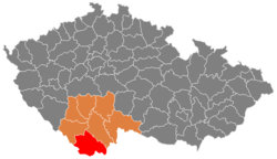 Окръг Чески Крумлов на картата на Южночешкия край и Чехия