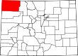Harta statului Colorado indicând comitatul Moffat