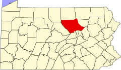 Location of Lycoming County within Pennsylvania Map of Pennsylvania highlighting Lycoming County.svg