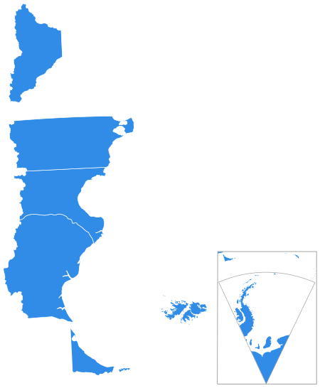 Mapa parlamentních voleb v Argentině z roku 1951 podle vymezení (Chubut, Comodoro Rivadavia, Neuquén, Santa Cruz a Tierra del Fuego).svg