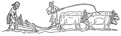 Ploughing with a 14th-century two-handled mouldboard plough such as the poem describes. Medievalplowingwoodcut.jpg