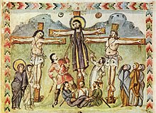 The earliest crucifixion in an illuminated manuscript, from the Syriac Rabbula Gospels, AD 586: note the Sun and Moon in the sky. Meister des Rabula-Evangeliums 002.jpg