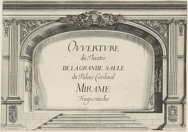 Proscenium arch with a drop-curtain for Desmarets' Mirame (1641), engraving by Stefano della Bella