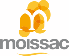 On retrouve sur le logo - réalisé en 2012 - les grains de chasselas et les arches du cloître, symboles indissociables de Moissac, et l’onde qui représente les eaux du Tarn.