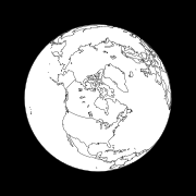 Figure 10: View of the Earth from the apogee of a Molniya orbit under the assumption that the longitude of the apogee is 90° W. The spacecraft is at an altitude of 39,867 km over the point 90° W 63.43° N.