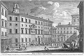 The Casa Grande Barberini, on the right, in an engraving by Vasi showing it in the years when it was a Carmelite convent. The facade it portrays, on the Piazza del Monte di Pieta, is still the one Taddeo Barberini had built, before the late 18th-century and contemporary alterations Monte di Pieta - Plate 180 - Giuseppe Vasi.jpg
