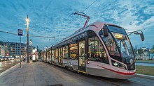 A Vityaz-M tram passing by the Tverskaya Zastava Square