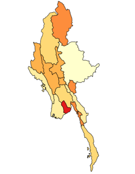 Administrative divisions of Myanmar by HDI in 2018
.mw-parser-output .legend{page-break-inside:avoid;break-inside:avoid-column}.mw-parser-output .legend-color{display:inline-block;min-width:1.25em;height:1.25em;line-height:1.25;margin:1px 0;text-align:center;border:1px solid black;background-color:transparent;color:black}.mw-parser-output .legend-text{}
.665-.645
.644-.625
.624-.605
.604-.585
.584-.565
.564-.545
.524-.505 Myanmar regions by HDI.png
