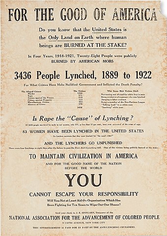 Anti-lynching broadside by the NAACP stating "The United States is the Only Land on Earth where Human Beings are Burned at the Stake"