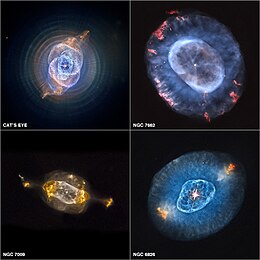 Four different planetary nebulae. Clockwise starting from the top left: NGC 6543, NGC 7662, NGC 6826, and NGC 7009. NGC 6543 7662 7009 6826.jpg