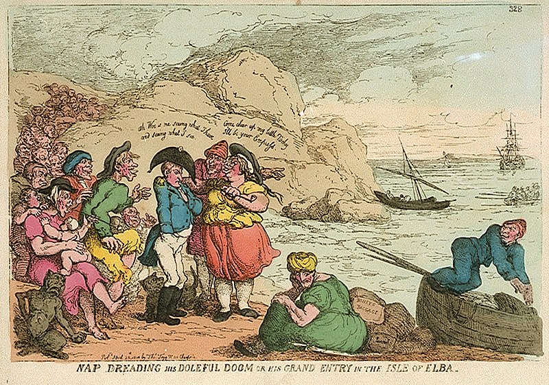 File:Nap Dreading his Doleful Doom or his Grand Entry in the Isle of Elba (caricature) RMG PW3990.jpg