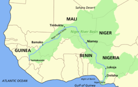 The Niger River basin includes area in Guinea, Cote d'Ivoire, Mali, Burkina Faso, Niger, Algeria, Benin, Nigeria and Cameroon. Niger river map.PNG