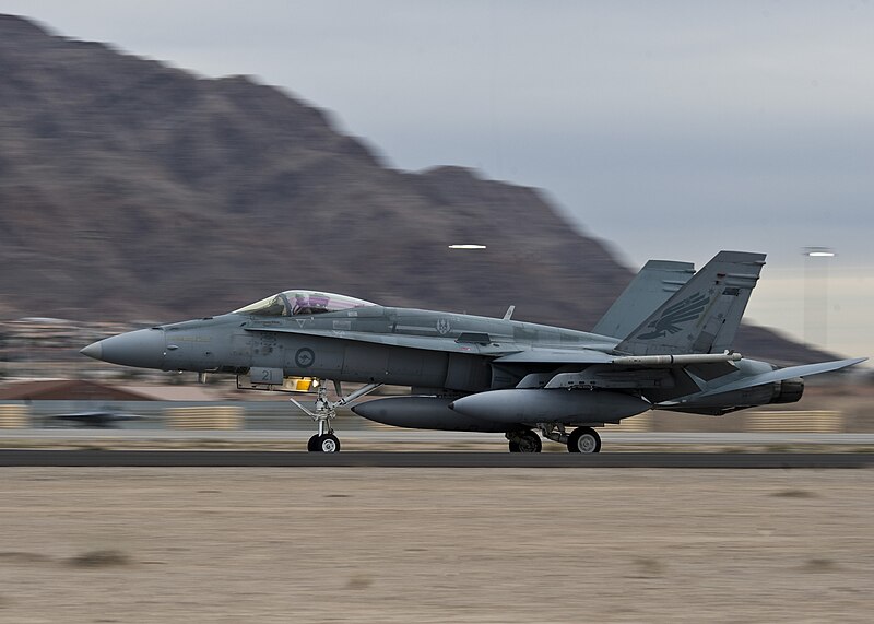 File:No 77 Squadron RAAF FA-18 Hornet lands at Nellis Air Force Base on 23 Jan 2014.jpg