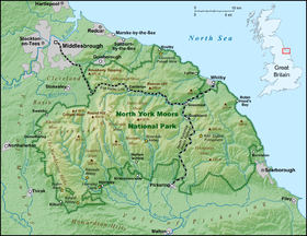 Carte du parc national des North York Moors avec les collines de Cleveland à l'ouest.
