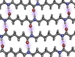Hydrogen bonding in Nylon 6,6 (in mauve) Nylon-3D-h bond.png