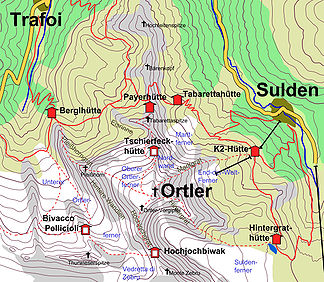 Karte des Ortlers und seiner wichtigsten Anstiege