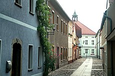 Ortrand, the Kirchgasse, view to the town hall.jpg