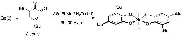 Oxidation of Ge(0) to yield the bis(catecholate) germanium compound using an ortho-quinone. Oxidation of Ge(0) with ortho quinone.jpg