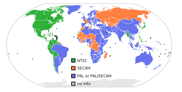 Analog television encoding systems by nation; NTSC (green), SECAM (orange), and PAL (blue)