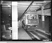 Passengers boarding a train from an underground platform, c. 1930 Pacific Electric car at Subway Terminal ca1930.jpg