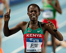 Jelimo celebrating her win at the 2012 World Indoor Championships. Pamela Jelimo Istanbul 2012.jpg