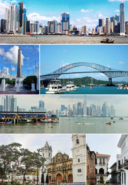 Top to bottom, left to right: Panama Canal, Skyline, Bridge of the Americas, The bovedas, Casco Viejo of Panama (spanish for "old quarter") and Metropolitan Cathedral of Panama.
