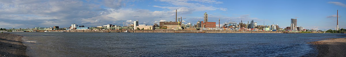 Panorama of the Bayer main factories at the Rhine in Leverkusen, Germany