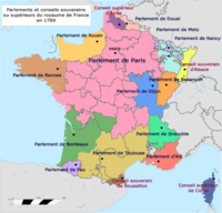 Territories assigned to the parlements and sovereign councils of the Kingdom of France in 1789 Parliaments and Sovereign Councils of the Kingdom of France in 1789 (fr).png