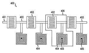 Microstrip line (400) for a phased array metamaterial antenna system. 401 represents unit-cell circuits composed periodically along the microstrip. 402 series capacitors. 403 are T-junctions between capacitors, which connect (404) spiral inductor delay lines to 401. 404 are also connected to ground vias 405. Phased array metamaterial system.jpg