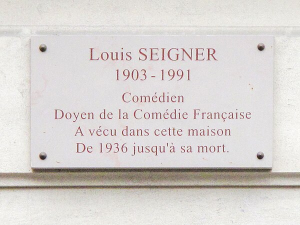 Plaque where died Louis Seigner in the fire of the building: 12 rue Pierre-et-Marie-Curie, Paris 5th arrond.