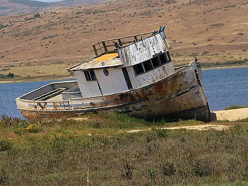 Old and corroded fishing-boat, abandoned in the lagoon of Point Reyes. (S. Francisco, California)