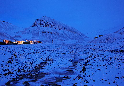 Characteristic polar night blue twilight, Longyearbyen, Svalbard, located at 78° north