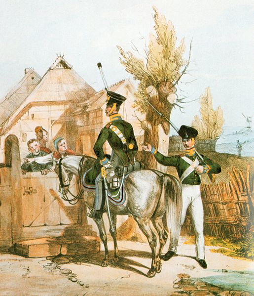 Datei:Preußische Gendarmen um 1840 Unteroffiziere zu Pferd und zu Fuß.jpg