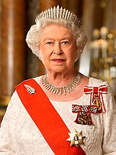Elizabeth II wearing the Silver Fern Brooch in her official portrait as Queen of New Zealand, 2012