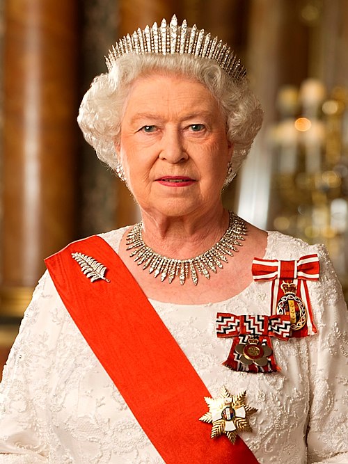 Elizabeth II wearing the sash and star of the New Zealand Order of Merit